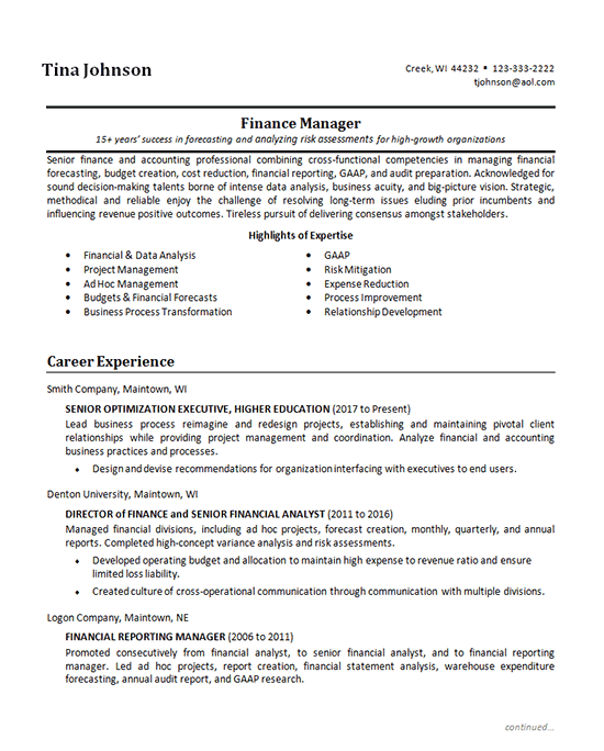 Senior Finance Manager Resume Example
