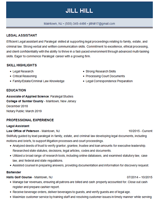 legal assistant resume example