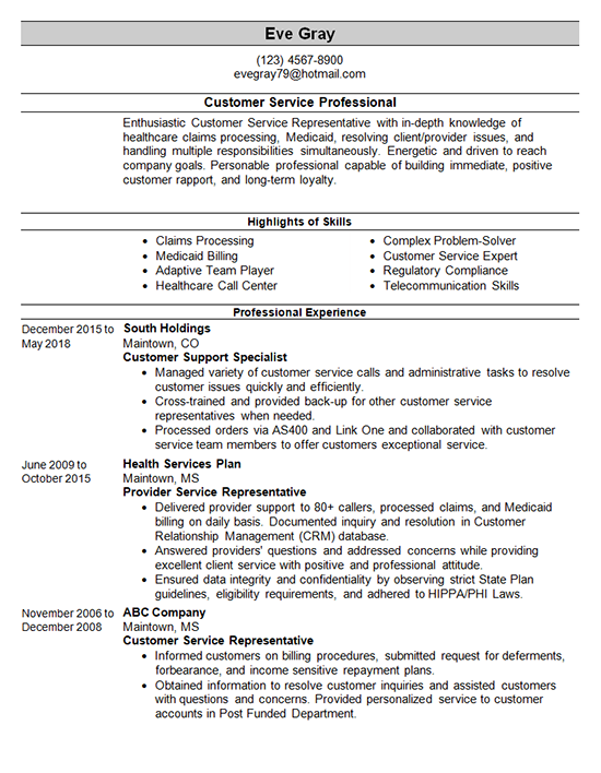 sample resume template for customer service