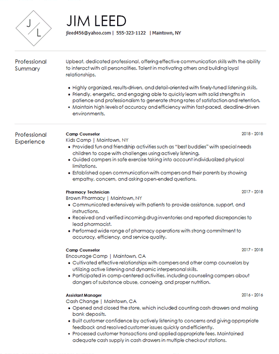 Camp Counselor Resume Example