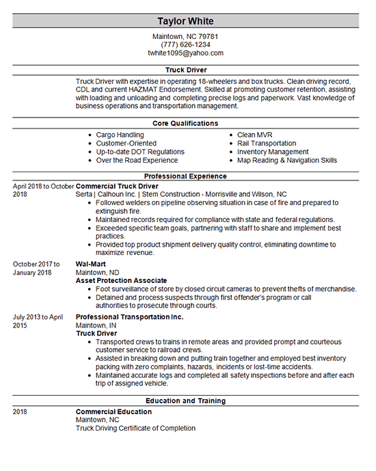 sample resume for truck driving jobs