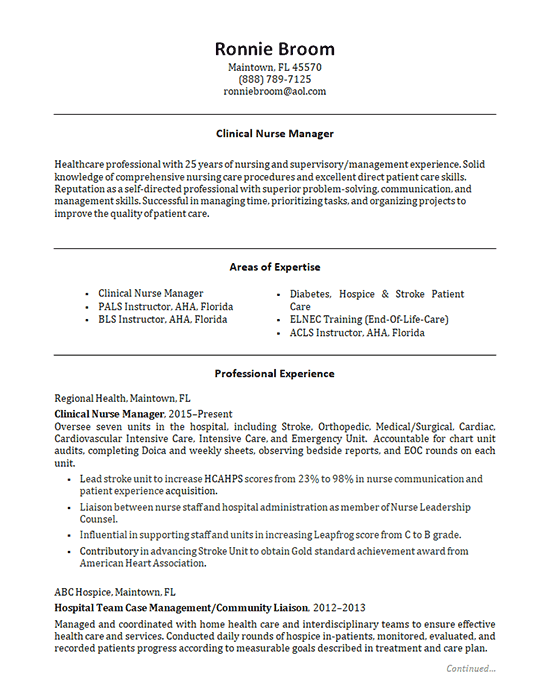 Clinical Nurse Manager Resume Example