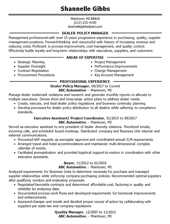 Policy Manager Resume Example
