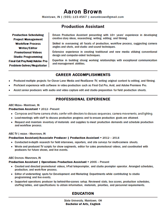 Production Assistant Resume Example