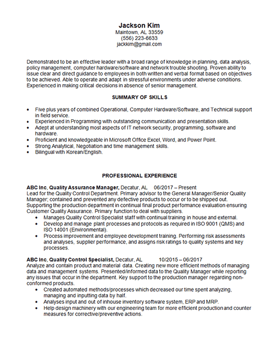 Quality Manager Resume Example