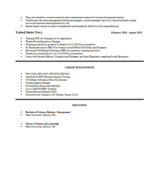 Assembly Manager Resume Sample
