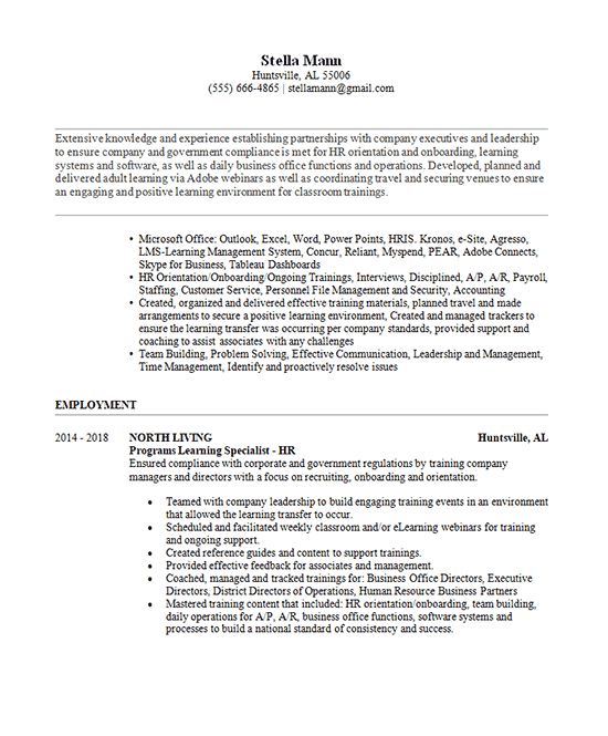 learning specialist resume example