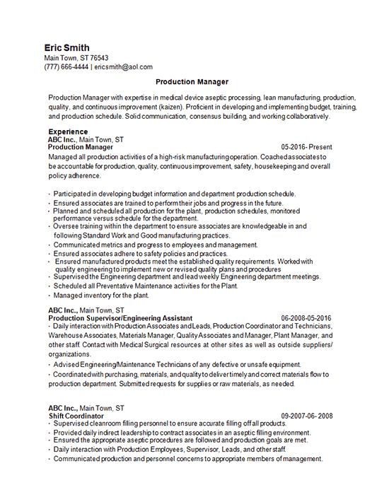 Production Manager Resume Example