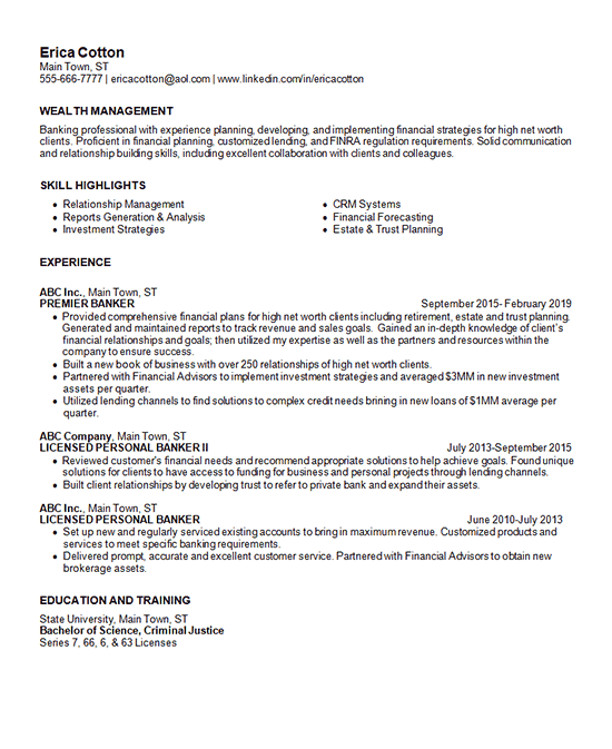 wealth management resume example