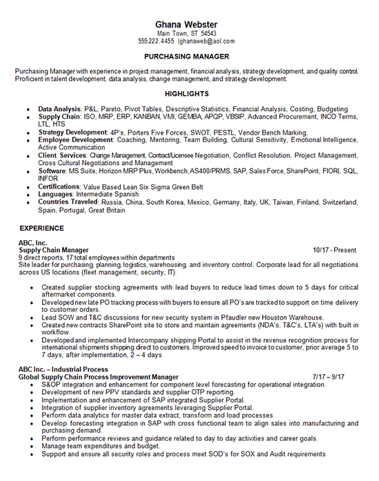 Purchasing Manager Resume Example - Supply Chain