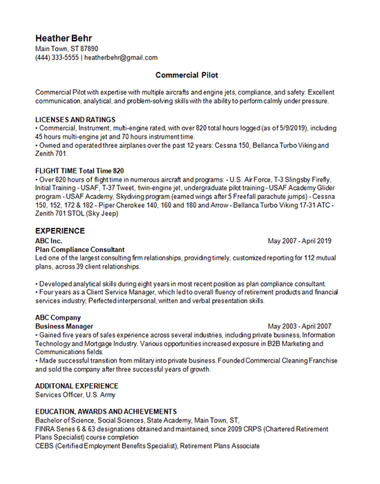 Commercial Pilot Resume Example