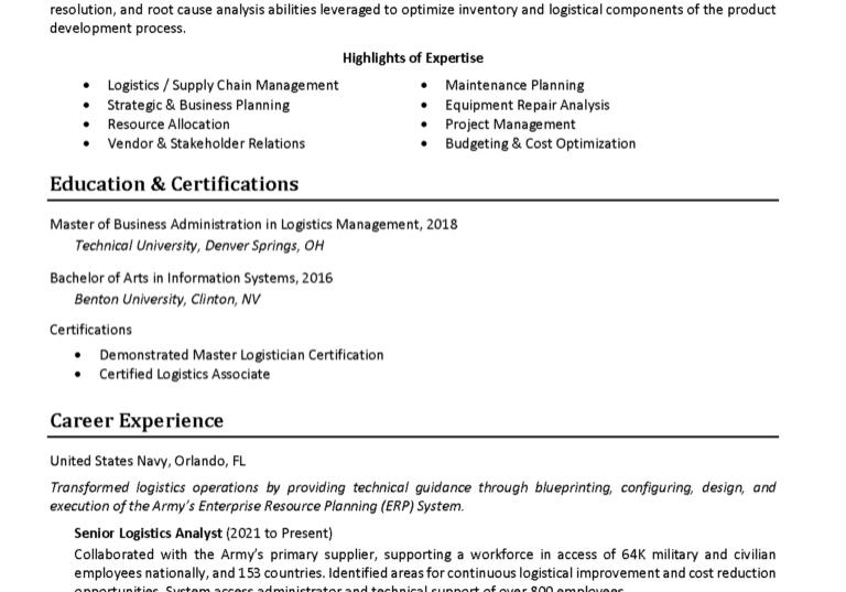 00015 logistics analyst resume example Page 1