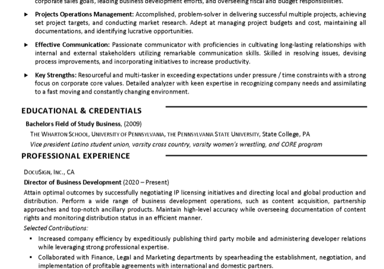 Director of Business Development Resume Example