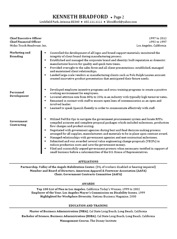  CEO / CFO Executive Resume Example - Page 2