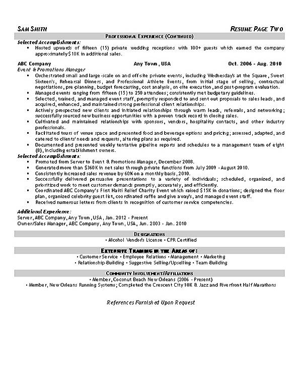 Promotions Event Planner Resume Example