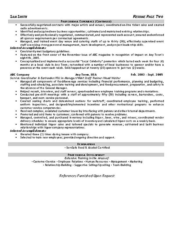 Event Hospitality Resume Example