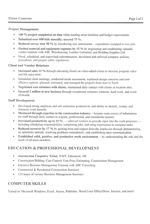 Management Construction Manager Resume Example