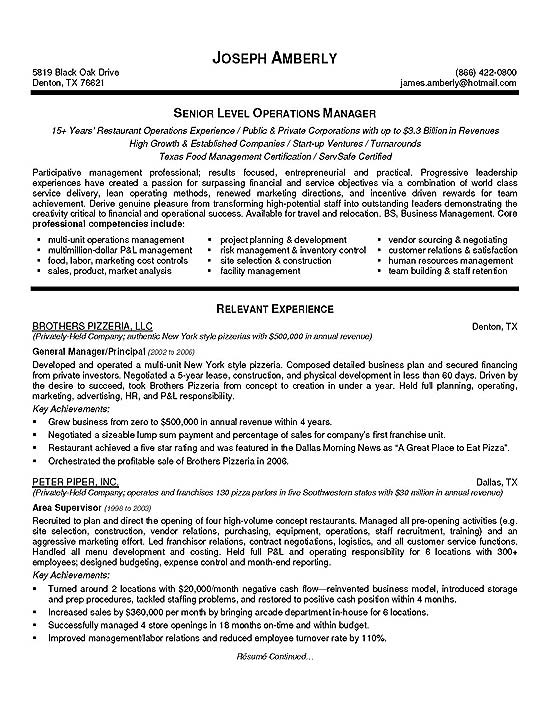 Operations Manager Resume Example