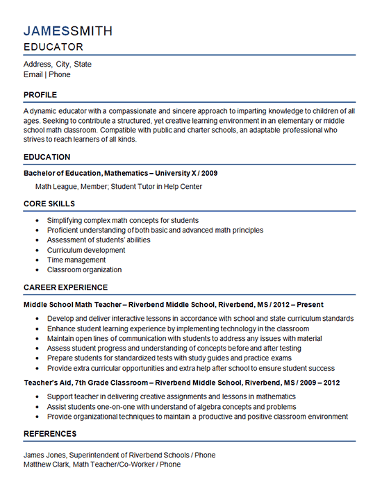 resume37 middle school teacher
