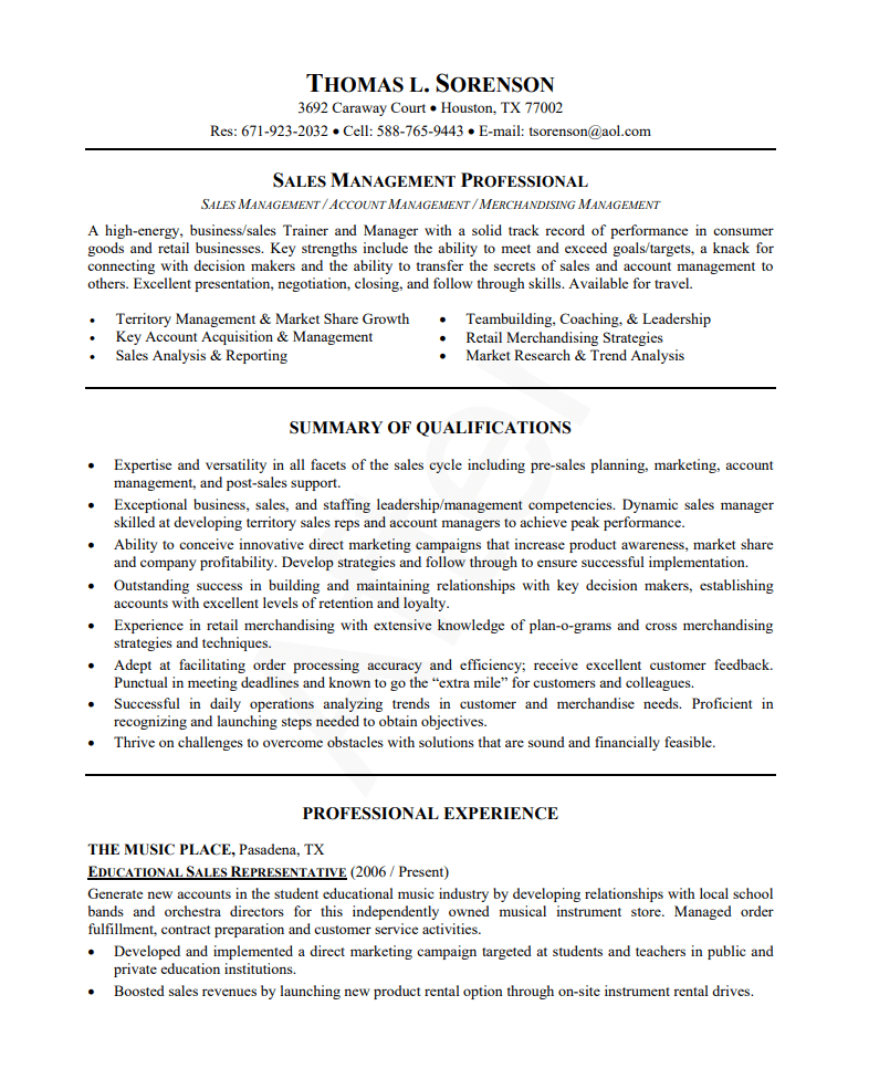 sales management before after resume