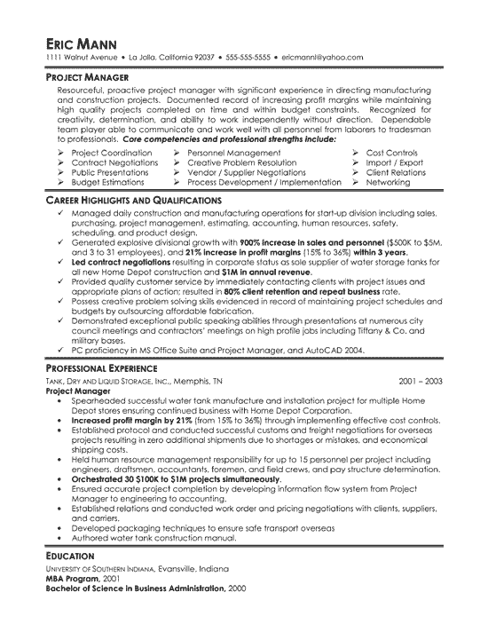 Project Manager Resume Example manufaucting
