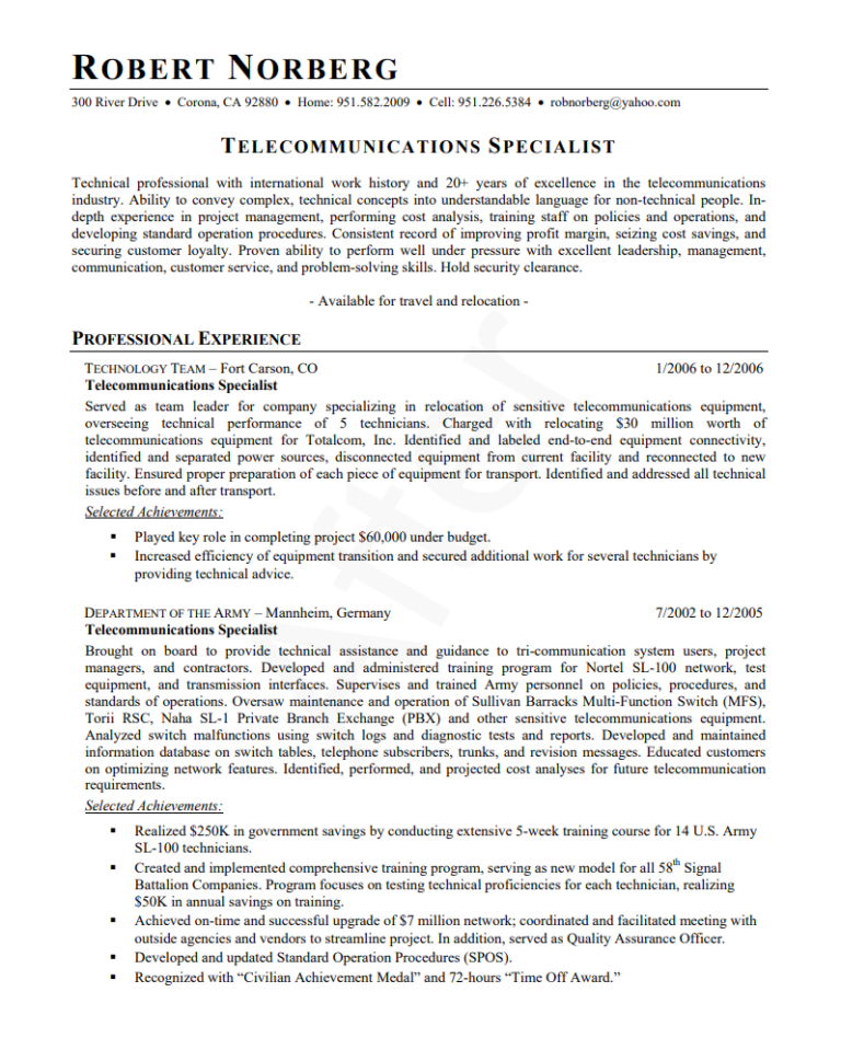 telecommunications before after resume
